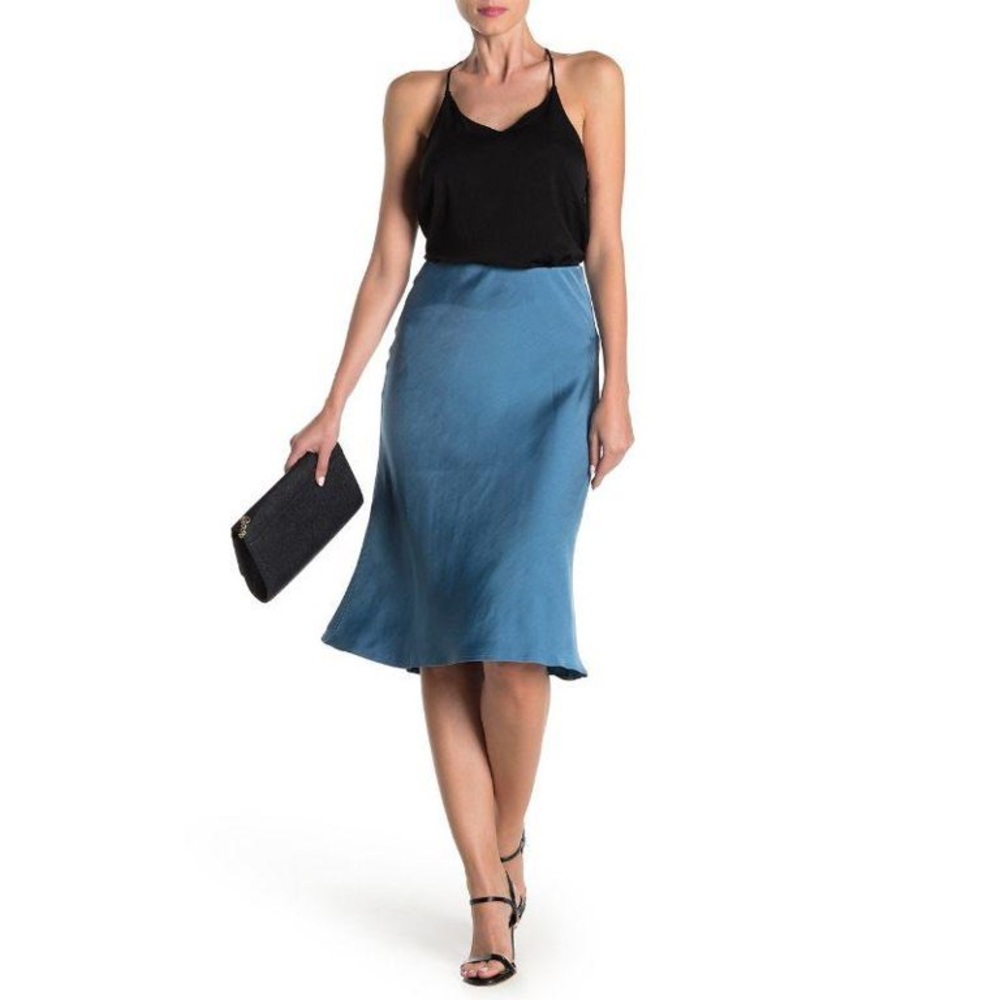 code mode blue silk midi skirt